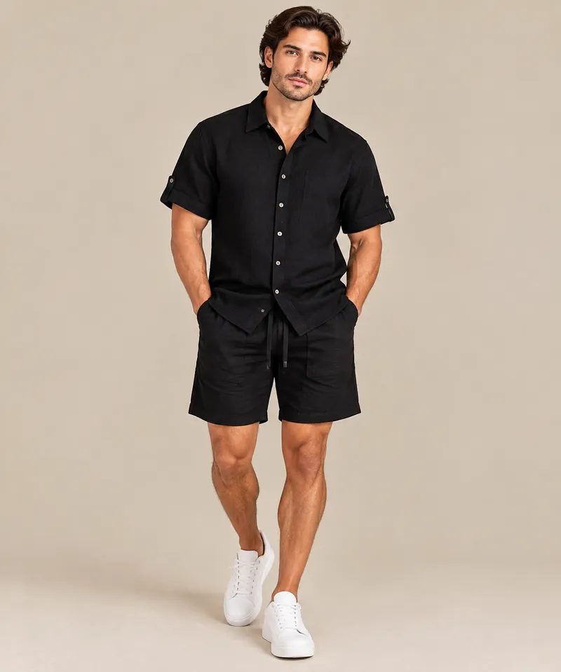 Black Linen Short Sleeve Shirt & Shorts Set