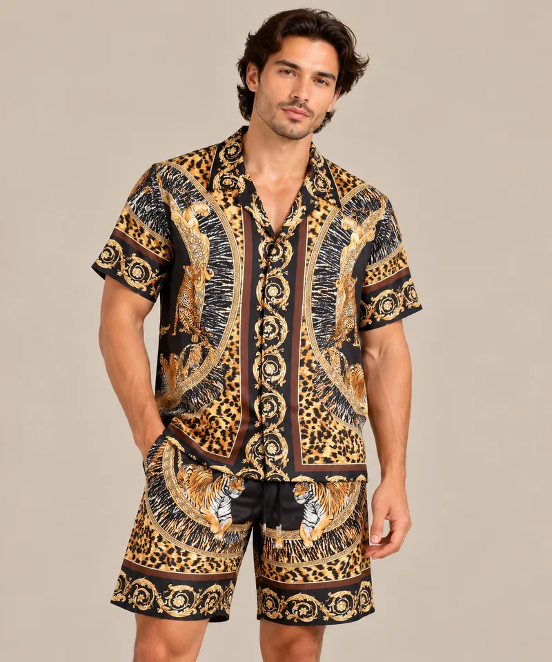 Black & Gold Baroque Animal Print Short Sleeve Shirt