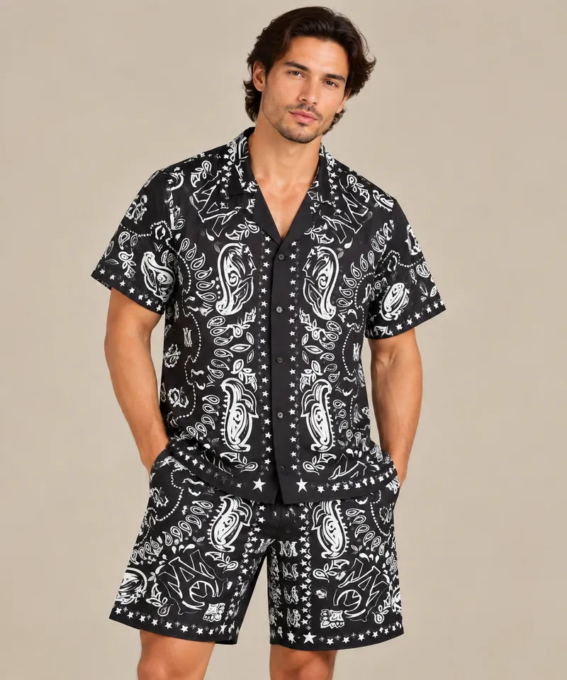 Black & White Bandana Paisley Print Short Sleeve Shirt