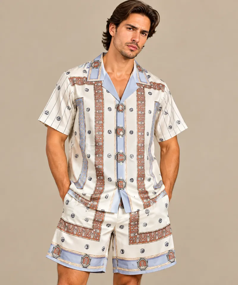 Ivory Blue Heritage Scarf Print Resort Shirt