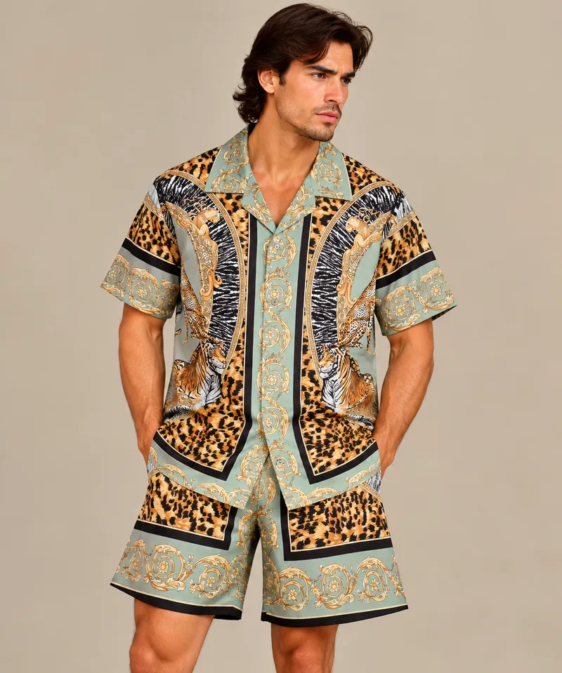 Mint Safari Baroque Animal Print Shirt & Shorts Set