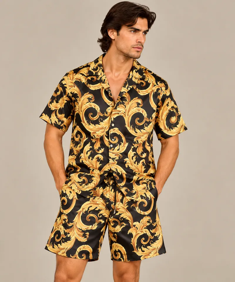 Black Gold Baroque Print Short Sleeve Shirt