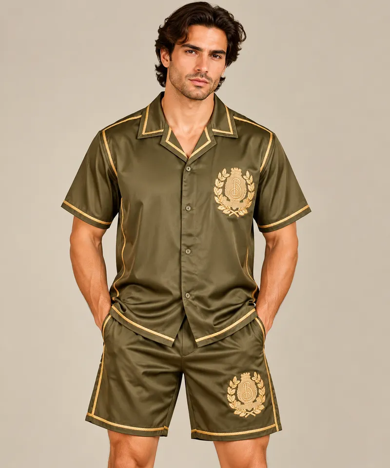 Olive Green Luxury Crest Embroidered Short Sleeve Shirt