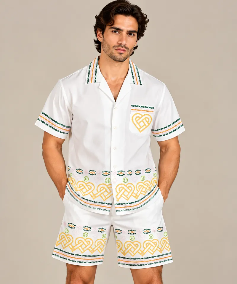 White Heritage Pattern Embroidered Short Sleeve Shirt
