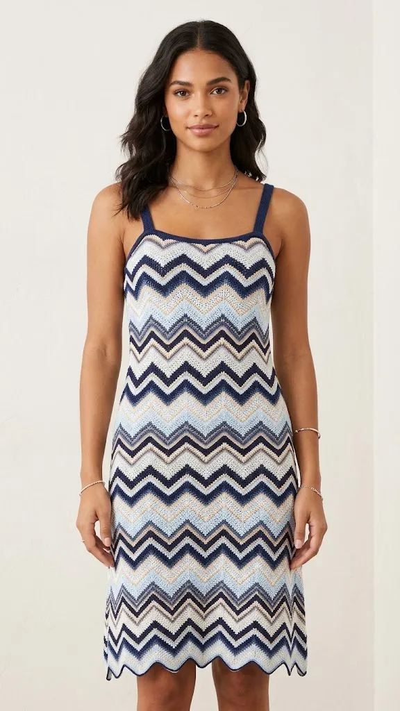 Navy Chevron Knit Cotton Maxi Dress