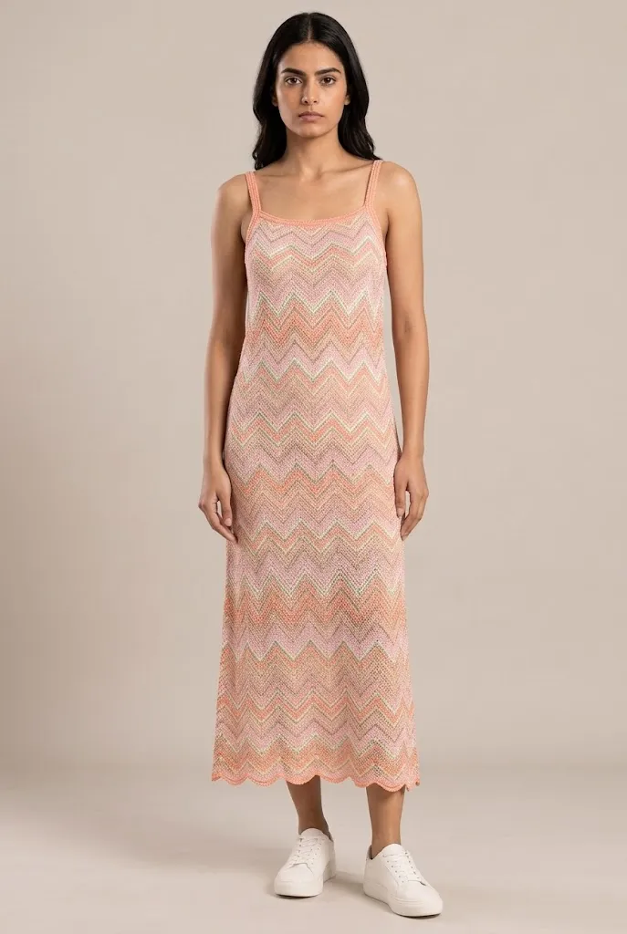 Pink Chevron Knit Cotton Maxi Dress