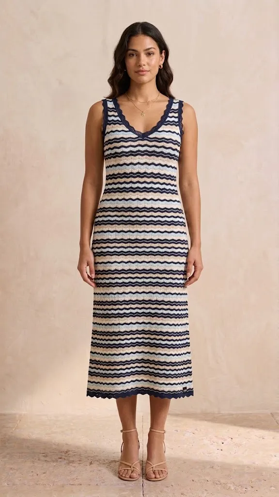 Navy Chevron Knit Midi Dress