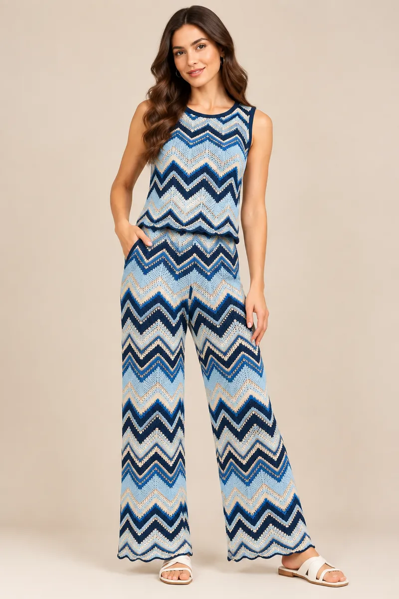 Ocean Chevron Crochet Knit Top & Pants Set