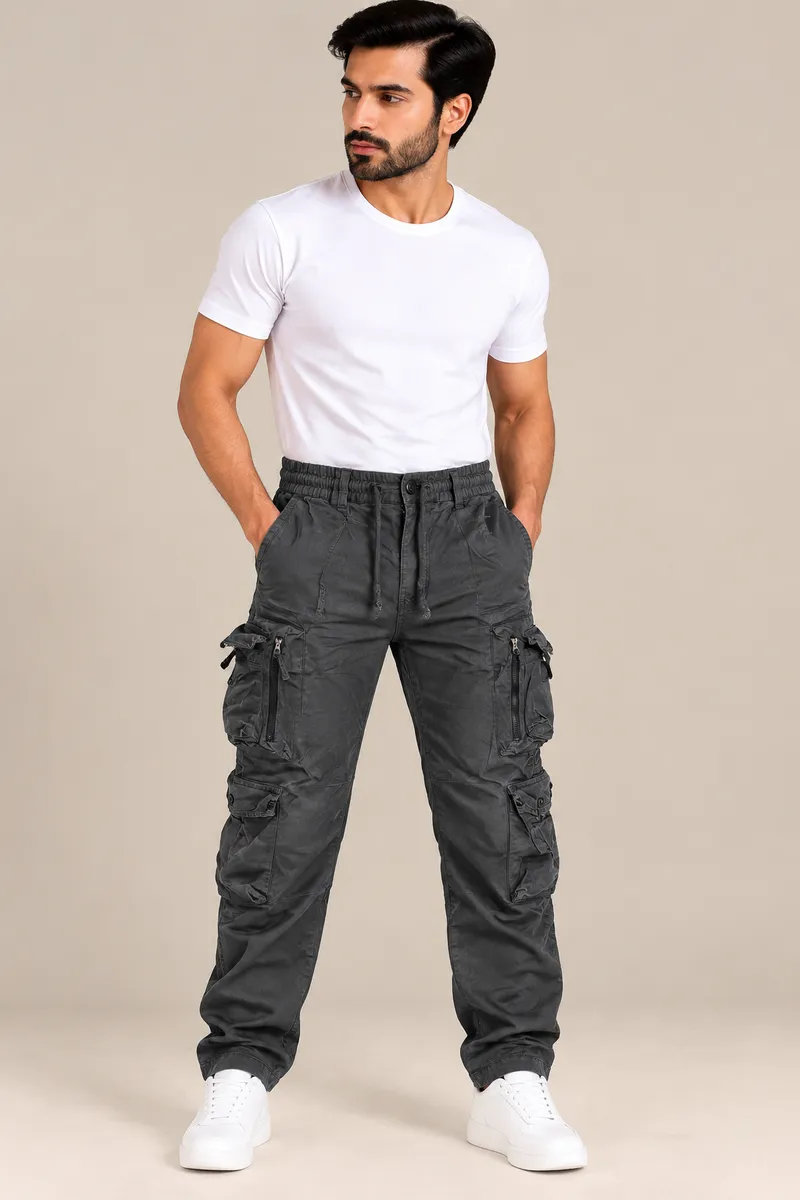 Charcoal Grey Multi-Pocket Cargo Utility Pants