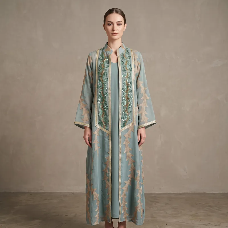 Gilded Leaf Sheer Abaya in Dusty Blue