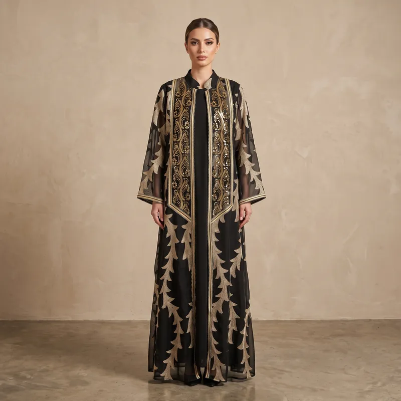 he Majestic Vine Sequined Open Abaya Ensemble