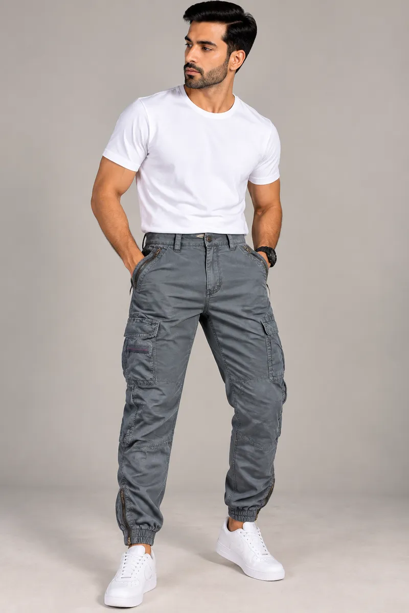 Charcoal Grey Multi-Pocket Cargo Jogger Pants