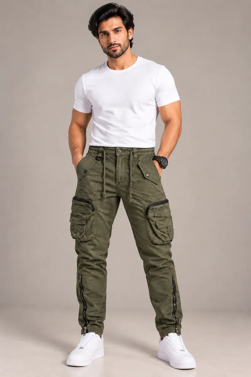 Olive Green Tactical Cargo Jogger Pants