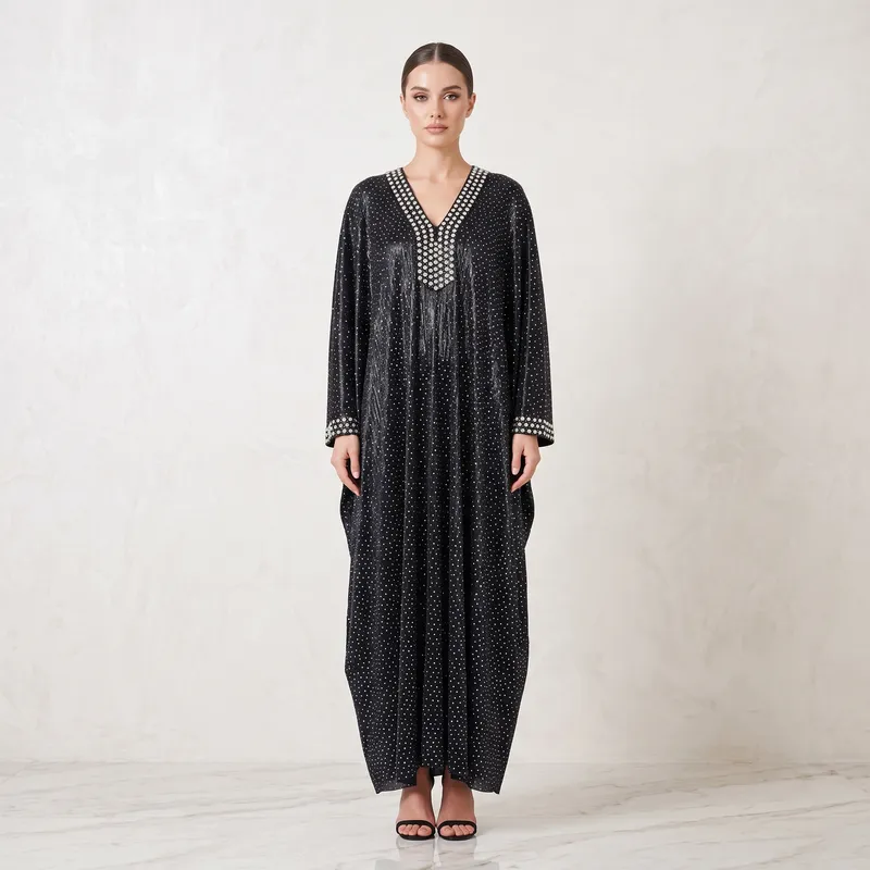 Black V-Neck Batwing Abaya with Crystal Embellishments