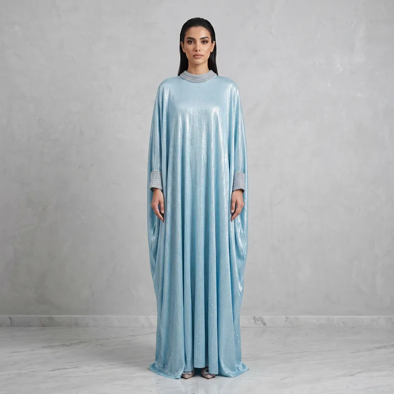 Light Blue Metallic Abaya with Crystal High Collar