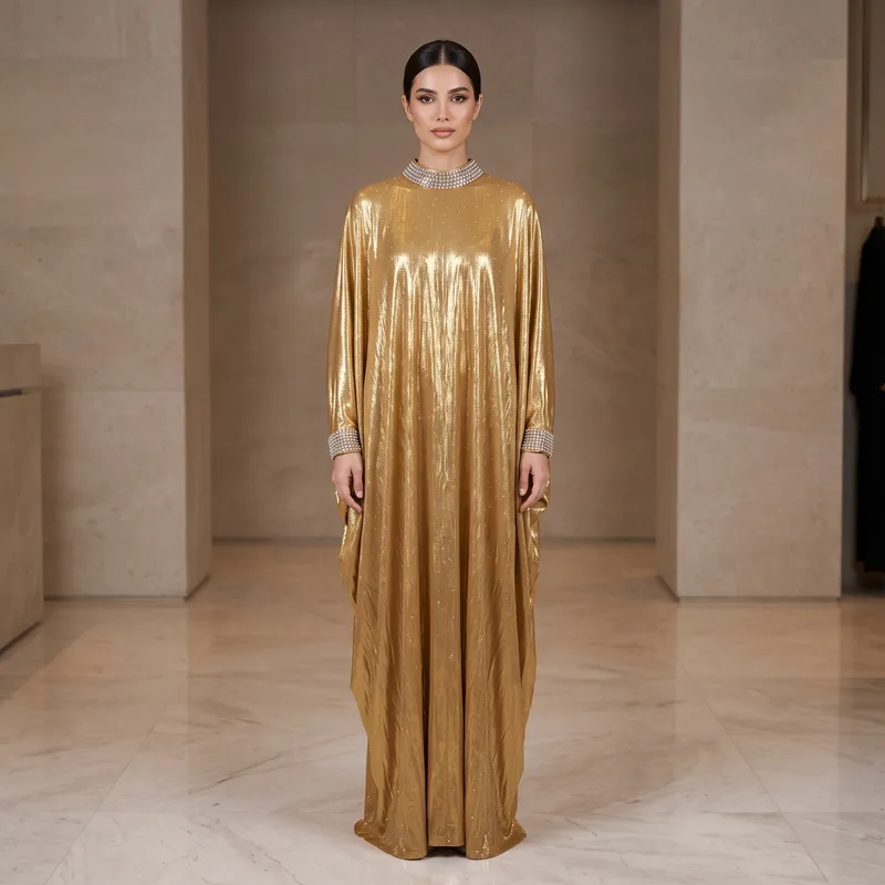 Metallic Gold Batwing Abaya with Heavy Crystal Collar