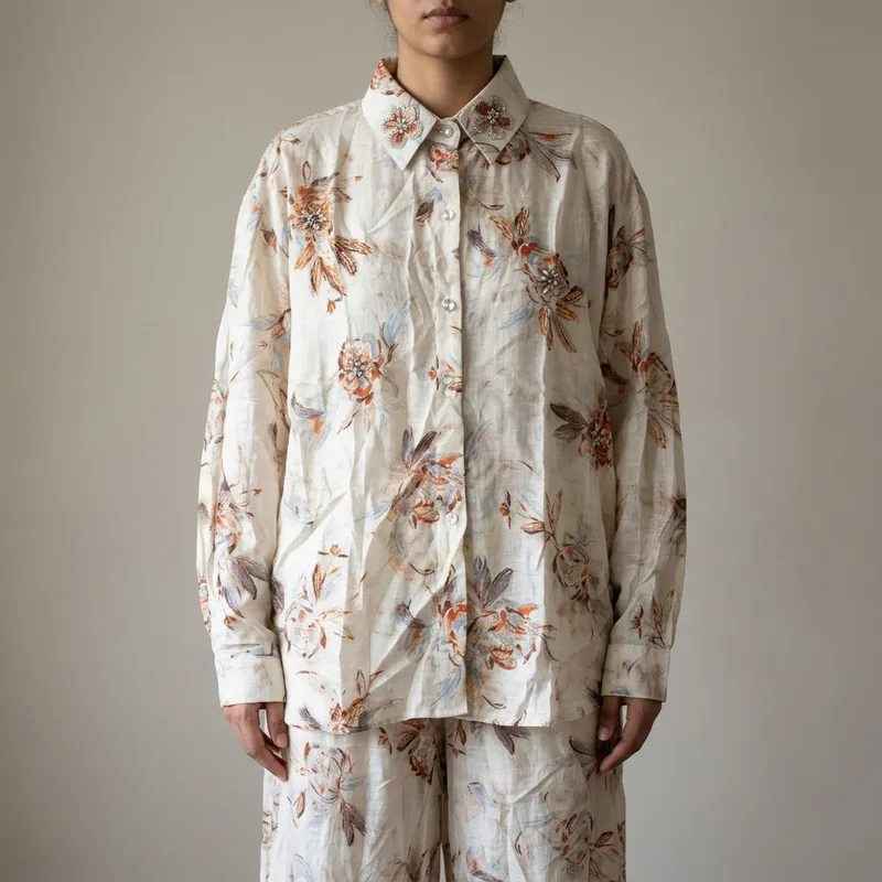 Beige Toile de Jouy Floral Linen-Look Two-Piece Co-Ord Set – Long-Sleeve Shirt & Wide-Leg Trousers