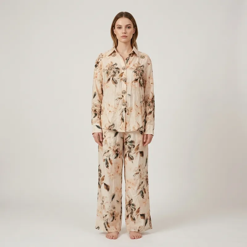 Beige Botanical Embellished Linen-Look Two-Piece Co-Ord Set – Long-Sleeve Shirt & Wide-Leg Trousers
