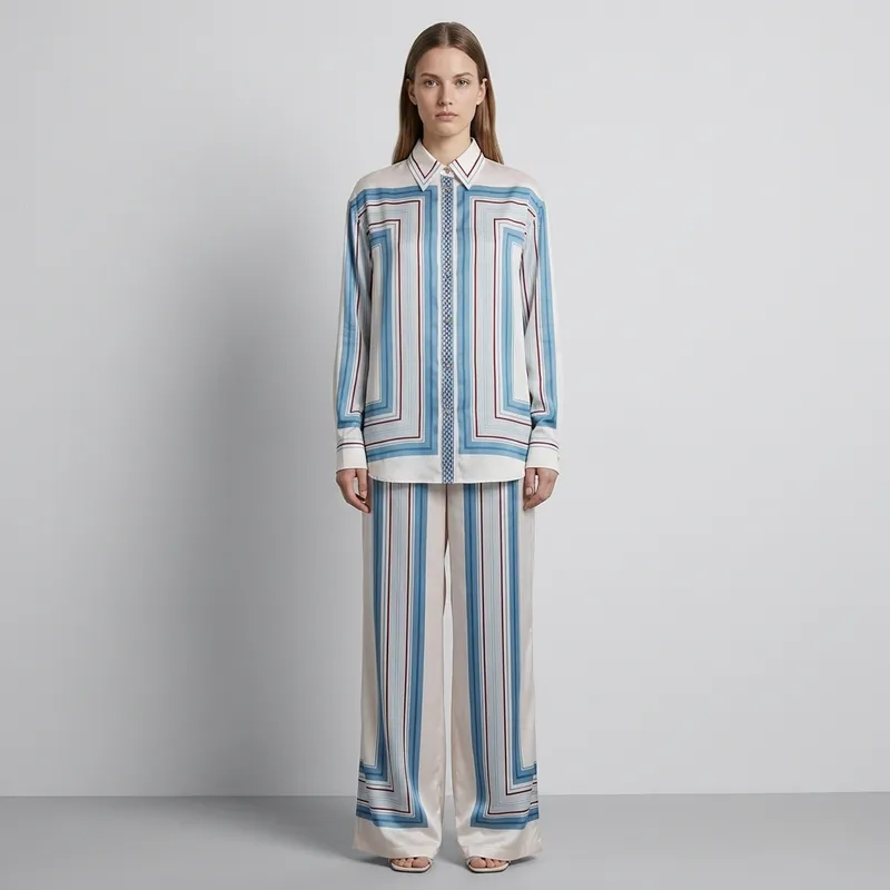 Artisanal Geometric Silk-Touch Collared Co-ord Loungewear Ensemble