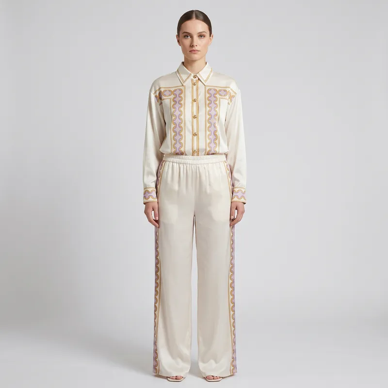 Amelia Ivory Silk-Satin Pajama Set with Geometric Gold Trim