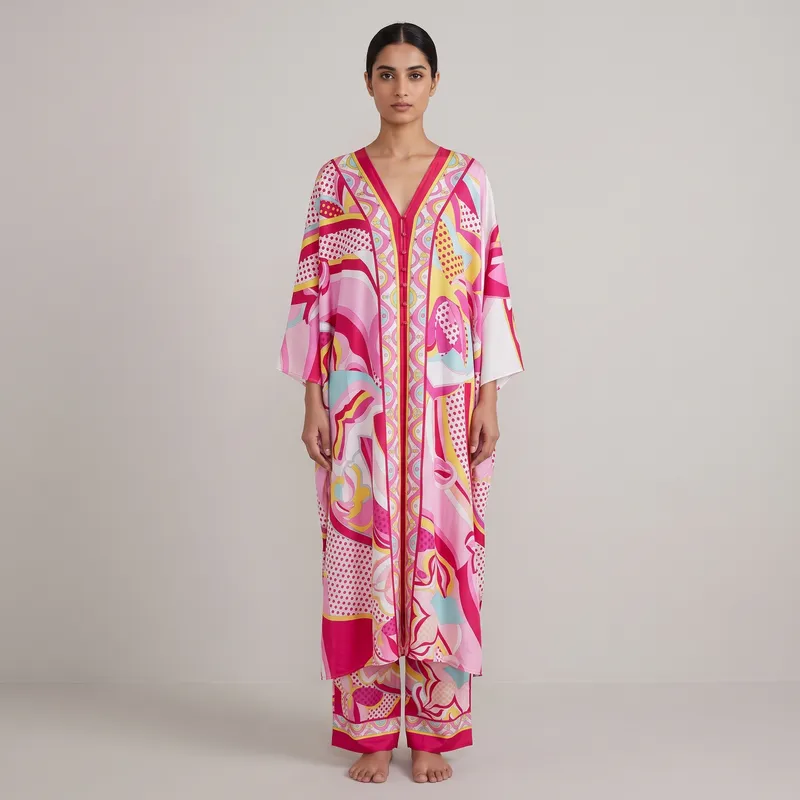 2-Piece Satin Pajama Set for Women – Hot Pink Abstract & Dot Print Button-Down Long Sleeve Top & Wide-Leg Pants Co-ord Set