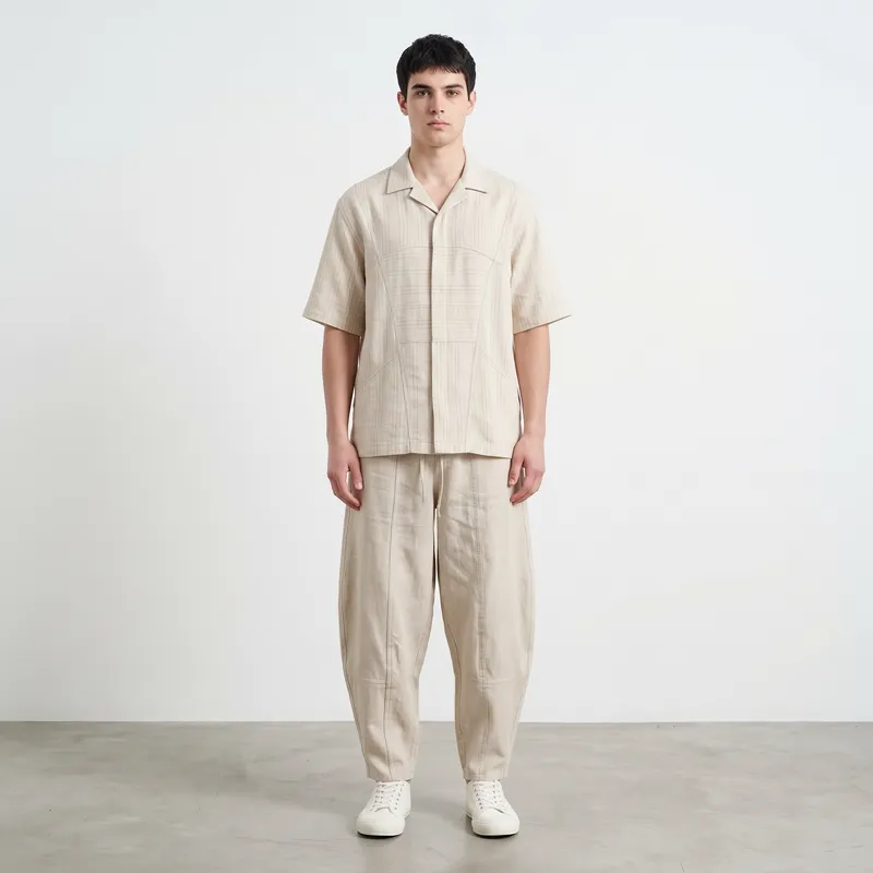 Men's Relaxed Fit Natural Linen Trousers – Paneled Balloon Silhouette with Drawstring Waist