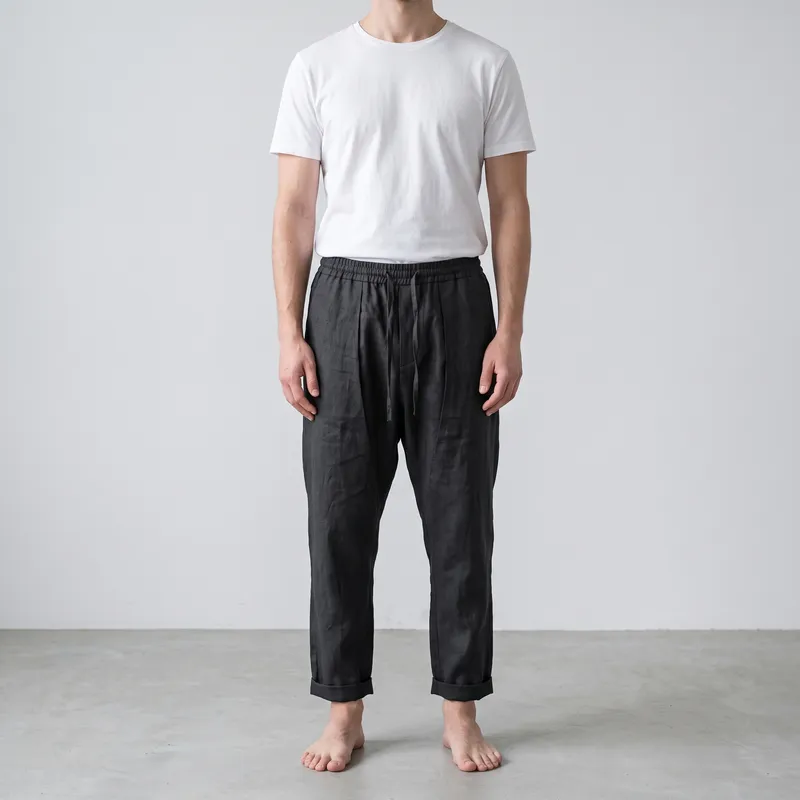 Pleated Paneled Linen Tapered Lounge Pants with Cuffed Hems in Jet Black