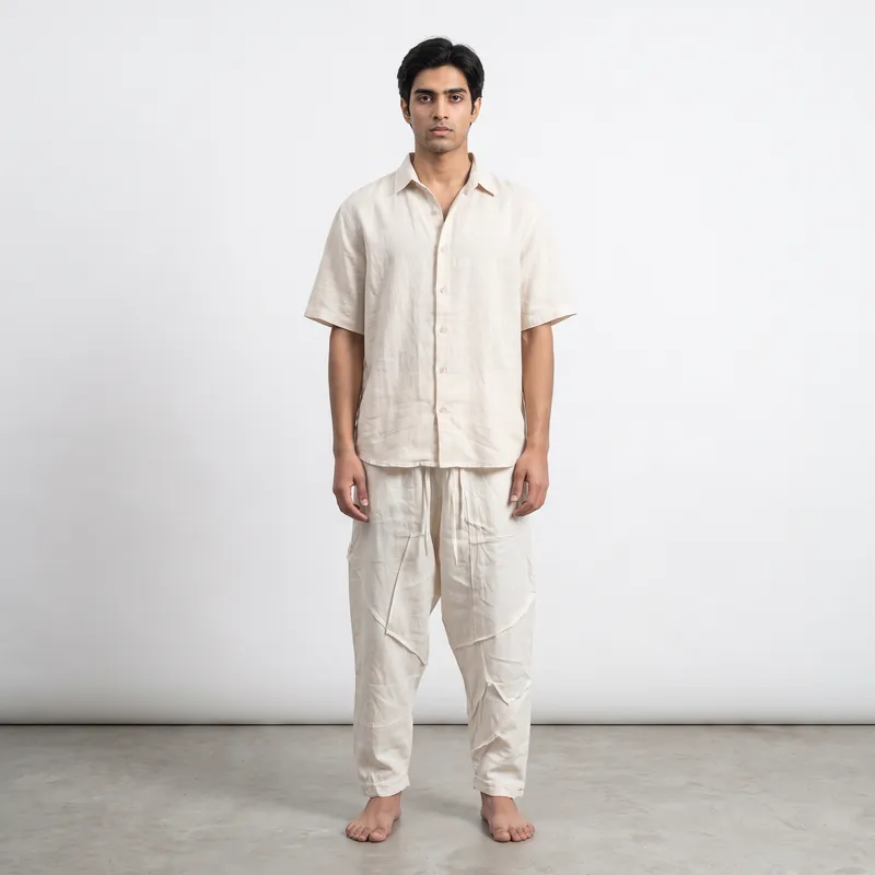 Men's Geometric Paneled Linen Trousers – Off-White Relaxed Fit Tapered Lounge Pants