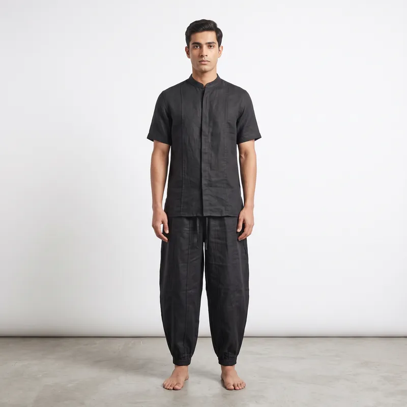 Washed Black Paneled Linen Harem Trousers – Relaxed Cocoon Silhouette