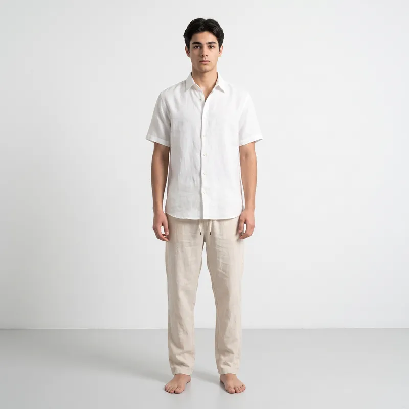 Men's Sand Linen Drawstring Trousers – Relaxed Straight Leg Lounge Pants