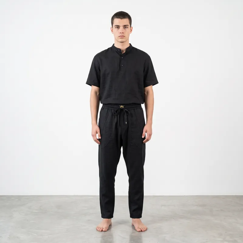Men's Washed Black Paneled Linen Trousers – Relaxed Tapered Fit with Gold-Accent Drawstring