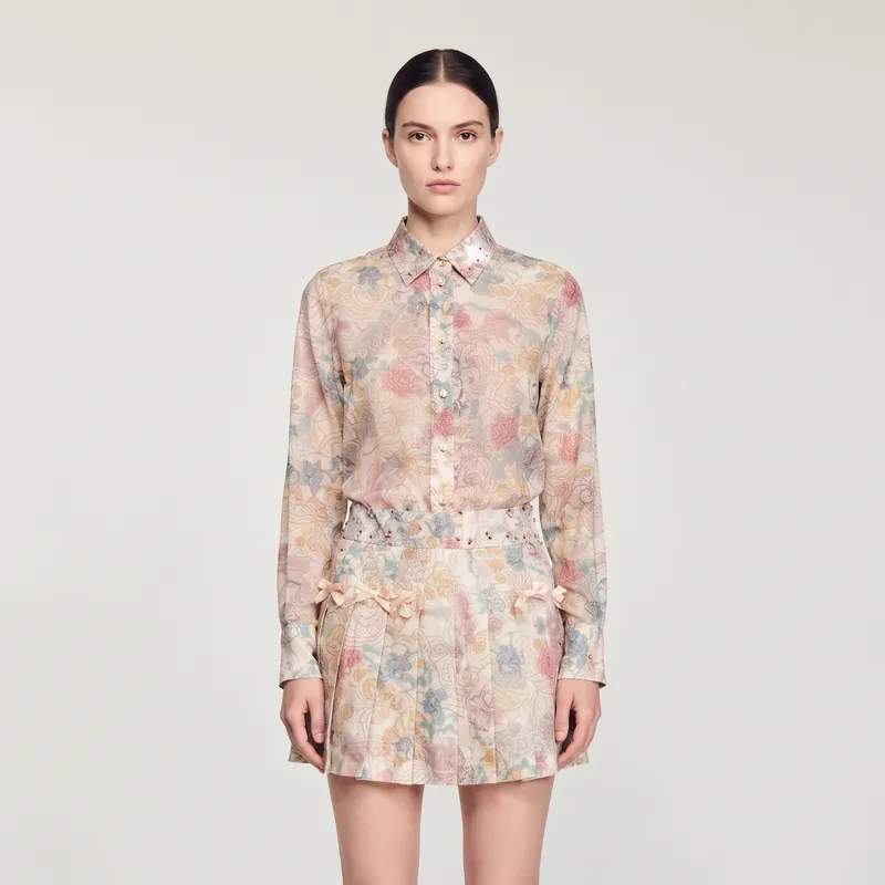 Pastel Floral Long-Sleeve Button-Up Shirt and Pleated Mini Skirt Co-Ord Set