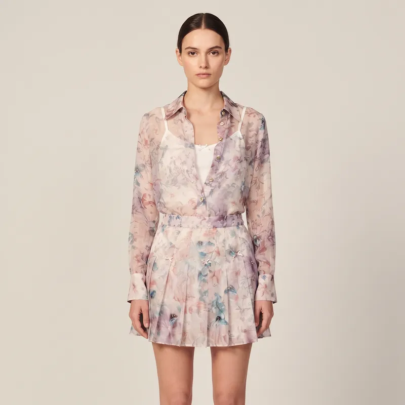 Ethereal Lavender Floral Chiffon Long-Sleeve Button-Up Shirt and Pleated Mini Skirt Set with Layered Cami