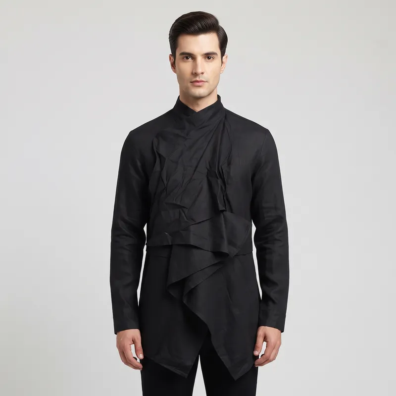Black Asymmetric Drape Long-Sleeve Shirt