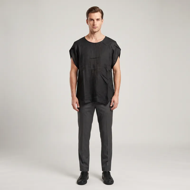 Asymmetric Draped Linen-Blend Tunic Top – Black
