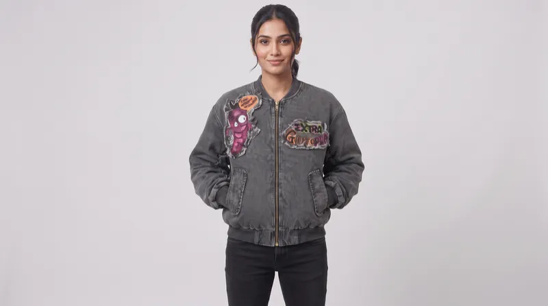Charcoal Grey Looney Tunes Ruched Sleeve Bomber Jacket