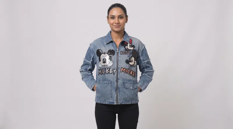 Light Blue Mickey Graphic Distressed Denim Jacket