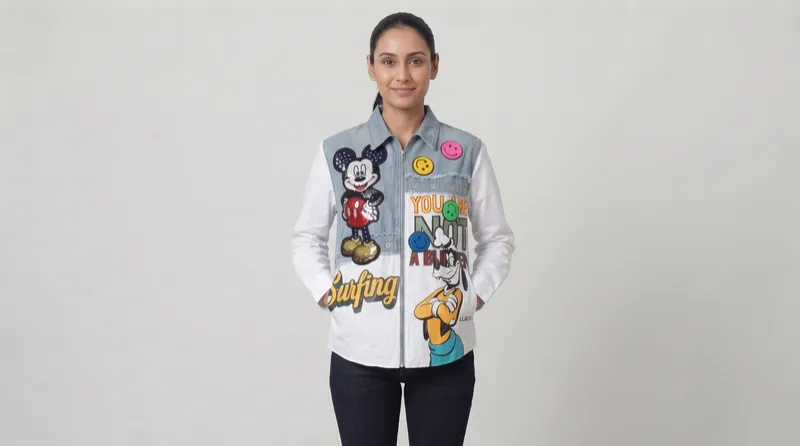 Light Blue Mickey Mouse Patchwork Denim Jacket