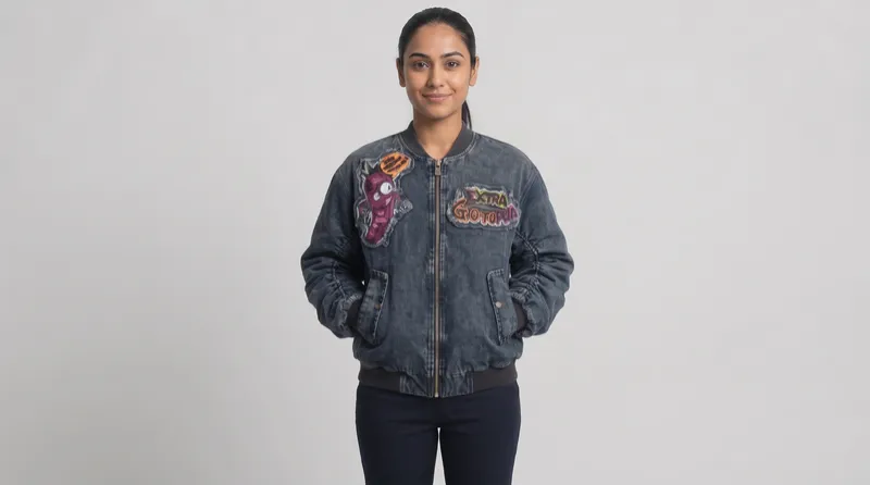 Washed Charcoal Denim Cartoon Patch Bomber Jacket