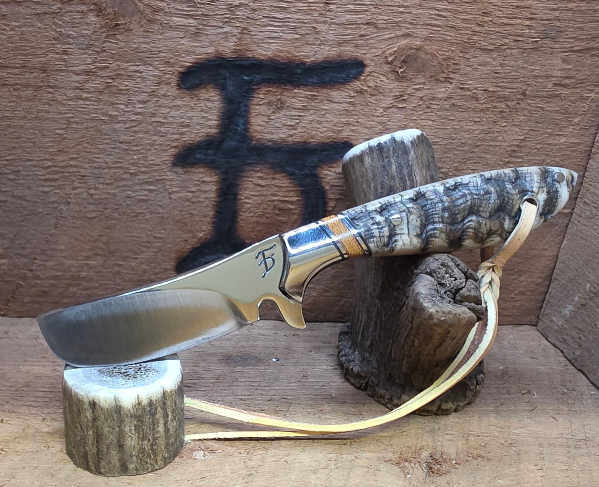 7 Inch Bullcutter, Nitro V Stainless Steel Blade - Brown Canvas Micarta and Stainless Inlay - Desert Big Horn Sheep Scales
