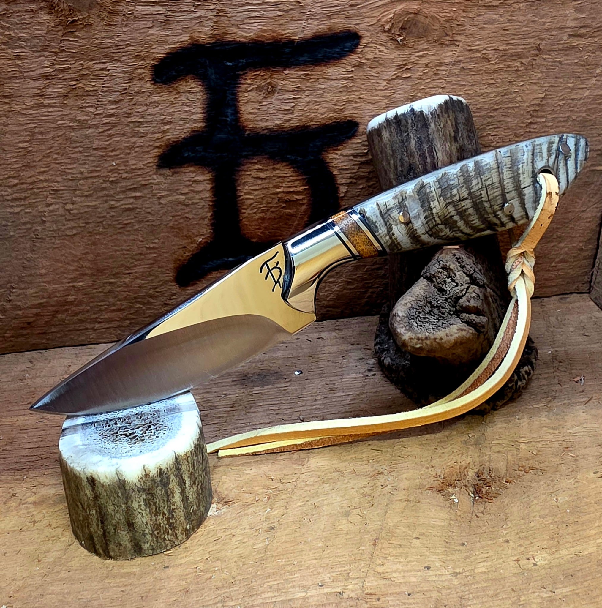 7 Inch Cowboy Knife with Nitro V Stainless Steel Blade - Brown Canvas Micarta and Stainless Inlay - Desert Big Horn Sheep Scale