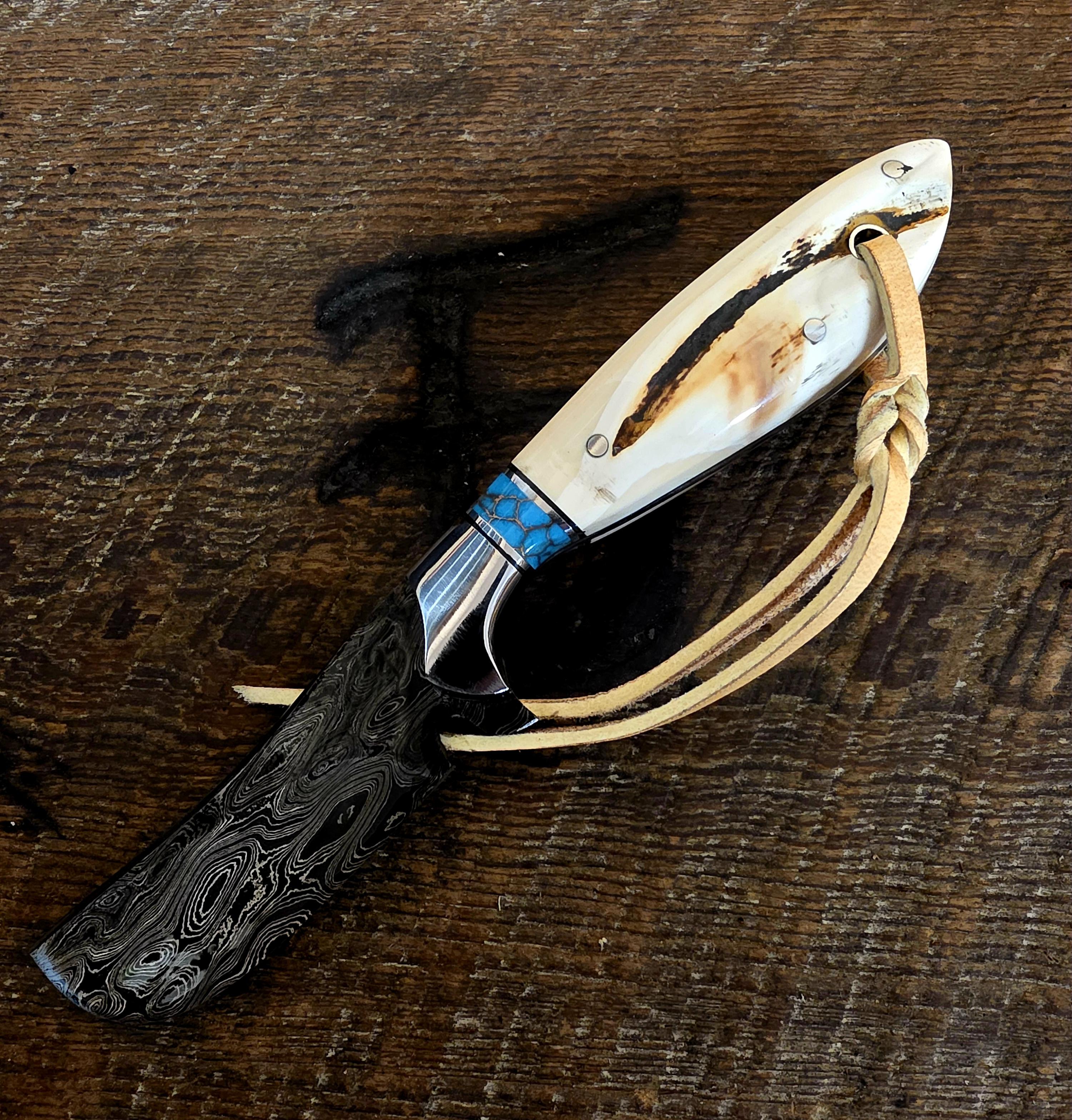7 Inch Bullcutter with Alabama Damascus Steel Blade - Turquoise Recon Stone and Stainless Inlay with Warthog Tusk Scales