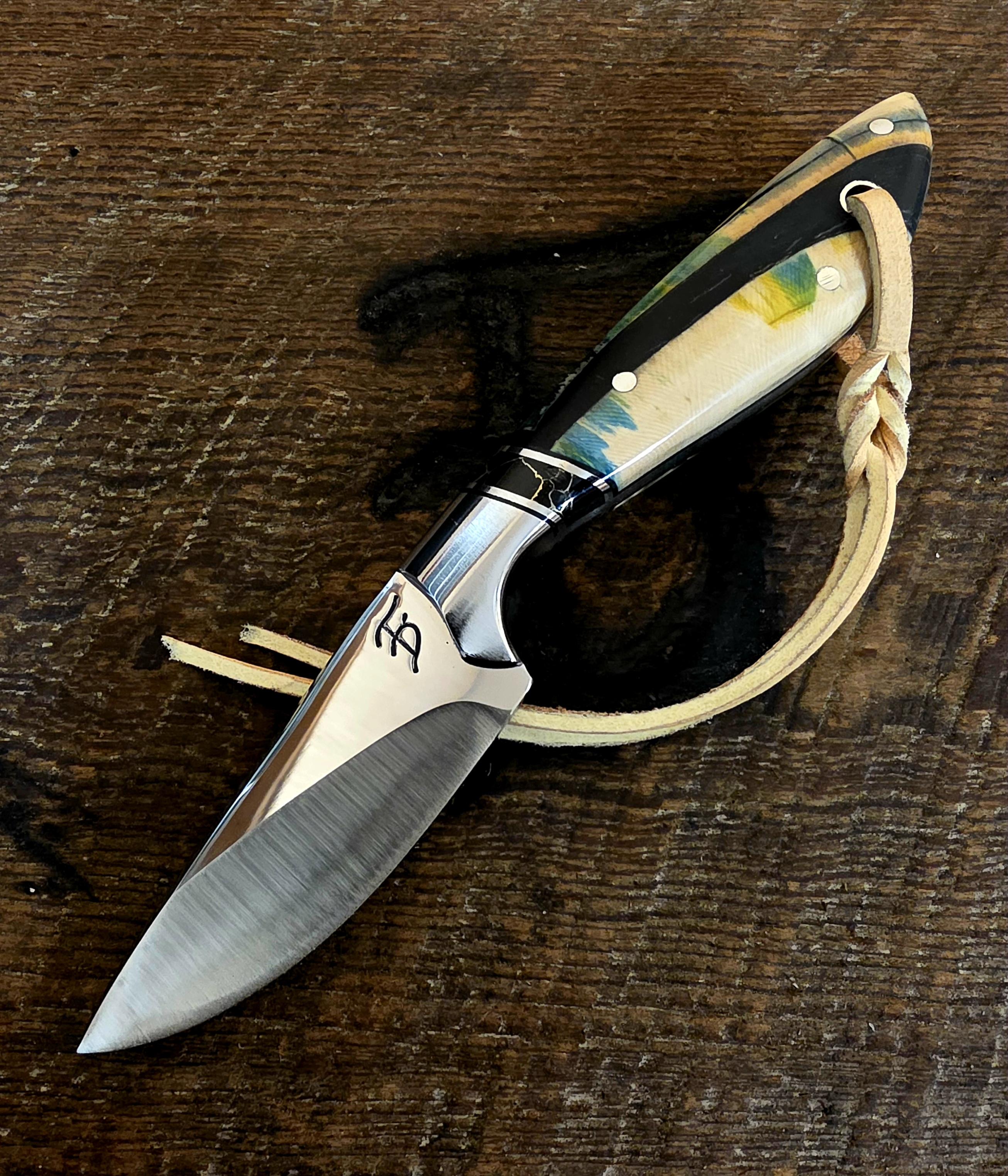 7 Inch Cowboy Knife with CPM 154 Stainless Steel Blade - Black Onyx and Stainless Inlay with Wooly Mammoth Tusk Scales