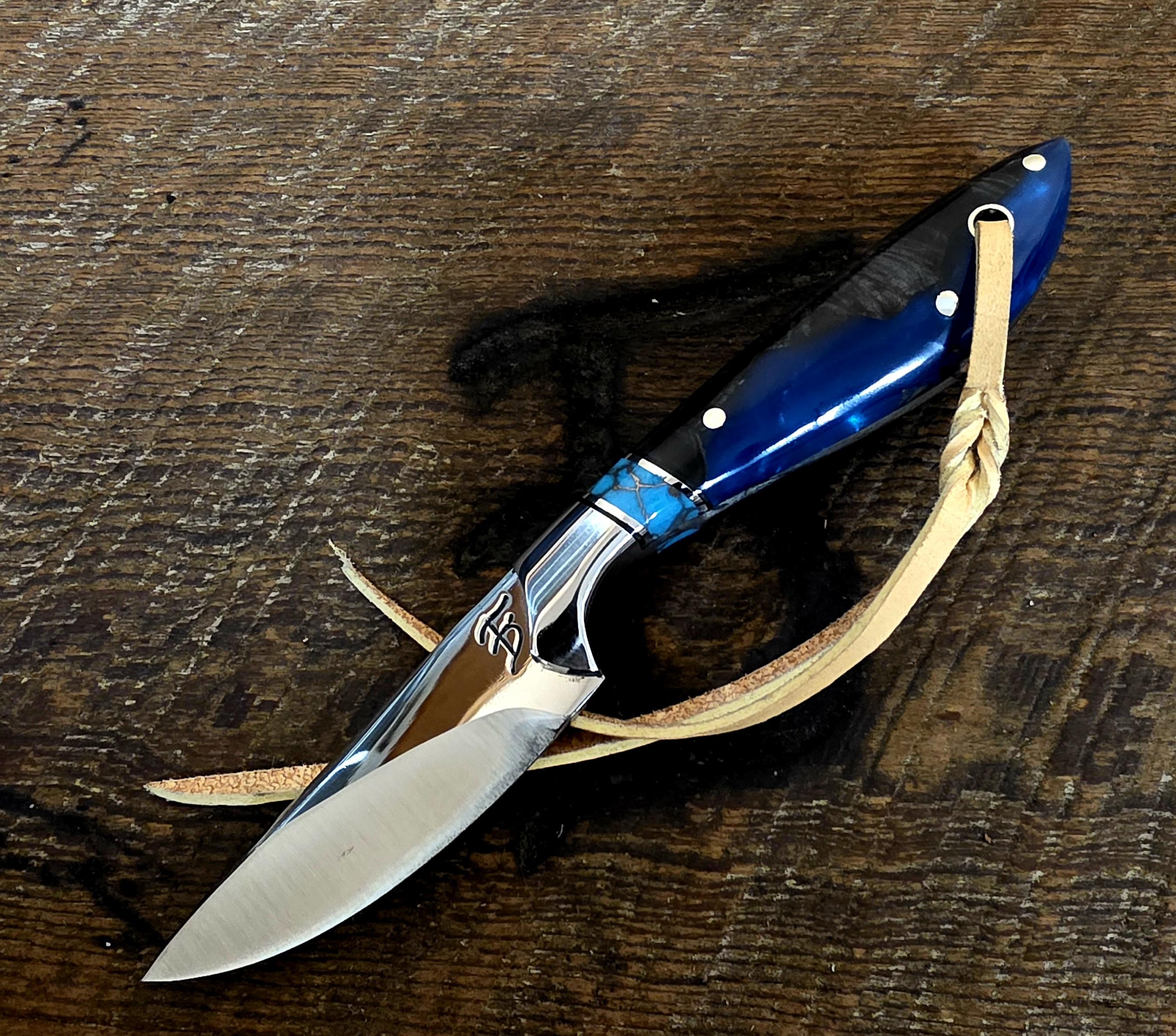 7 Inch Cowboy Knife with Nitro V Stainless Steel Blade - Turquoise Recon Stone and Stainless Inlay with Hybrid Wood Scales