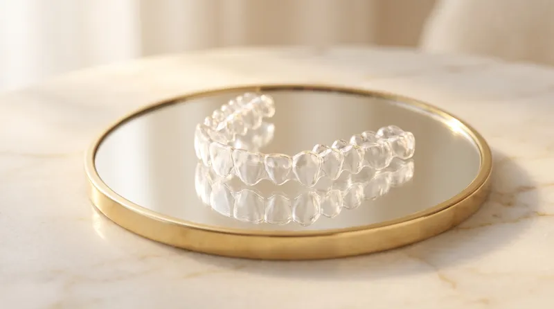 Alineador Invisalign sobre un espejo dorado — quién es candidato para el tratamiento