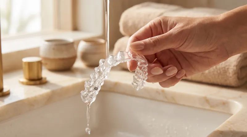 Alineador Invisalign enjuagado bajo el agua — cómo limpiar los alineadores