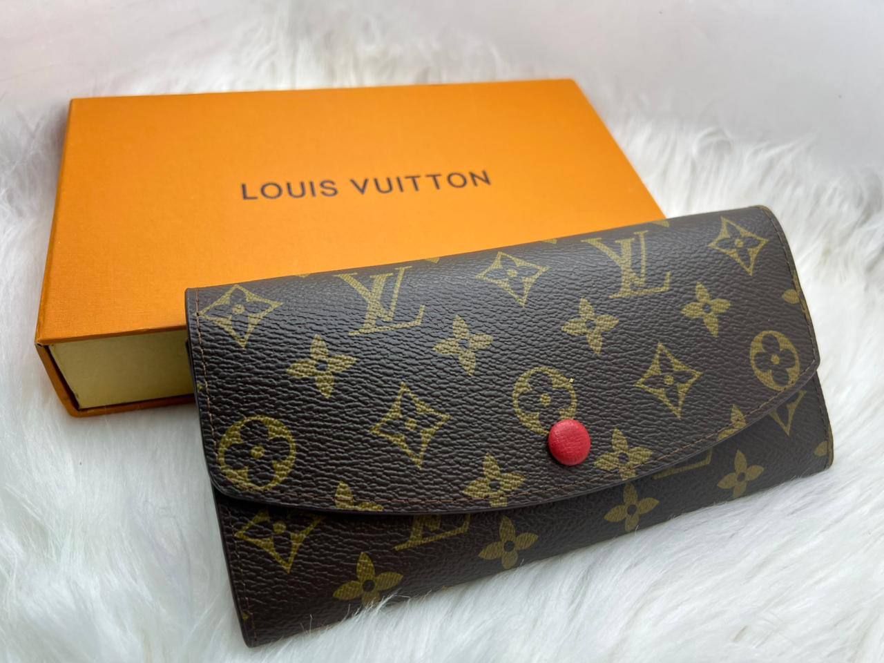 Louis Vuitton Inspired Long Wallet (Master Copy) - Classic Monogram Canvas with Red Button Accent | D-E43
