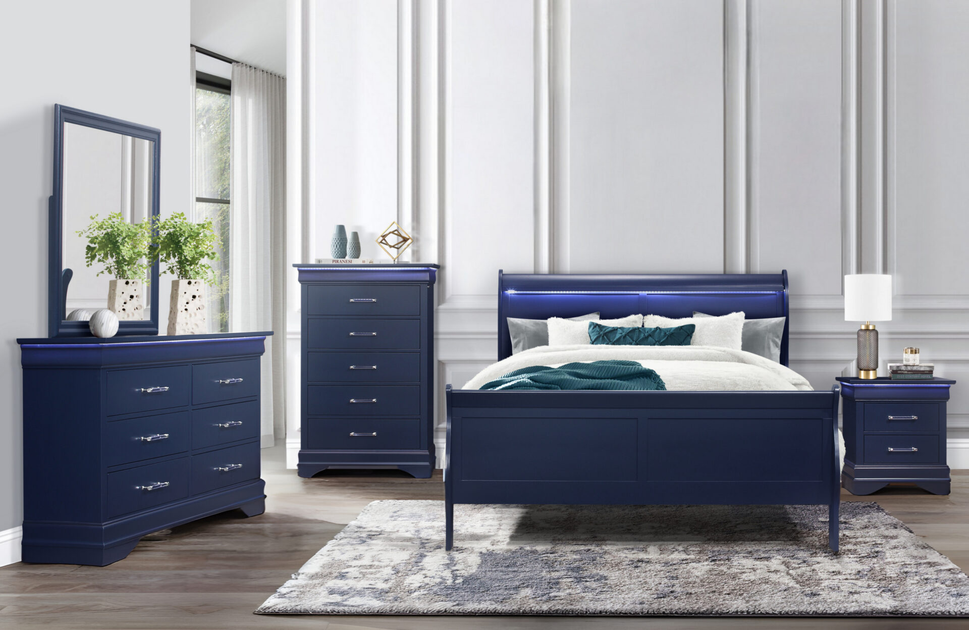  BLUE KING BED ROOM SET WITH LED