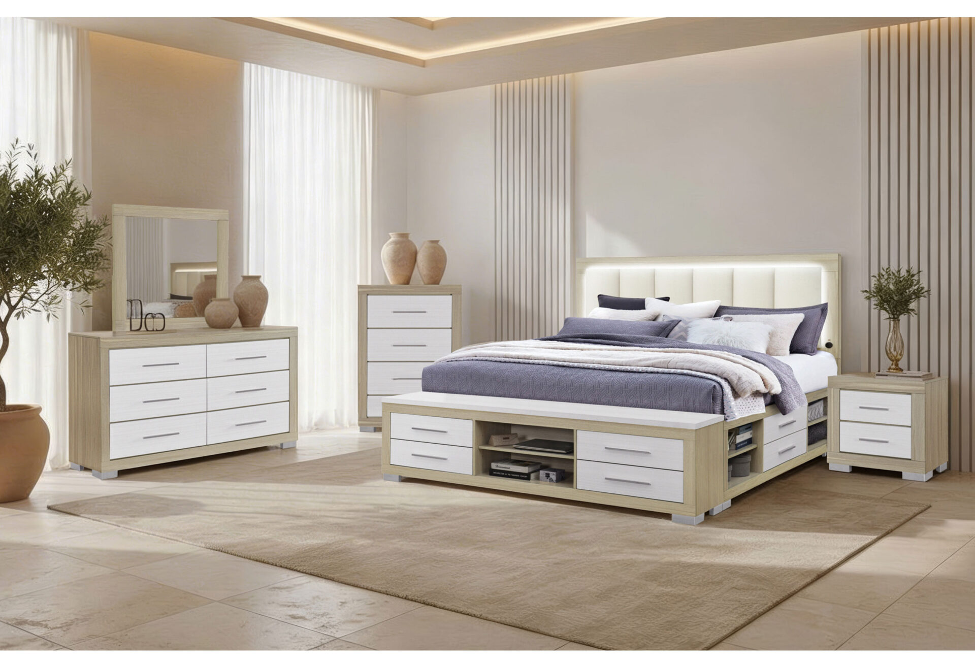  NATURAL/WHITE KING BED ROOM SET