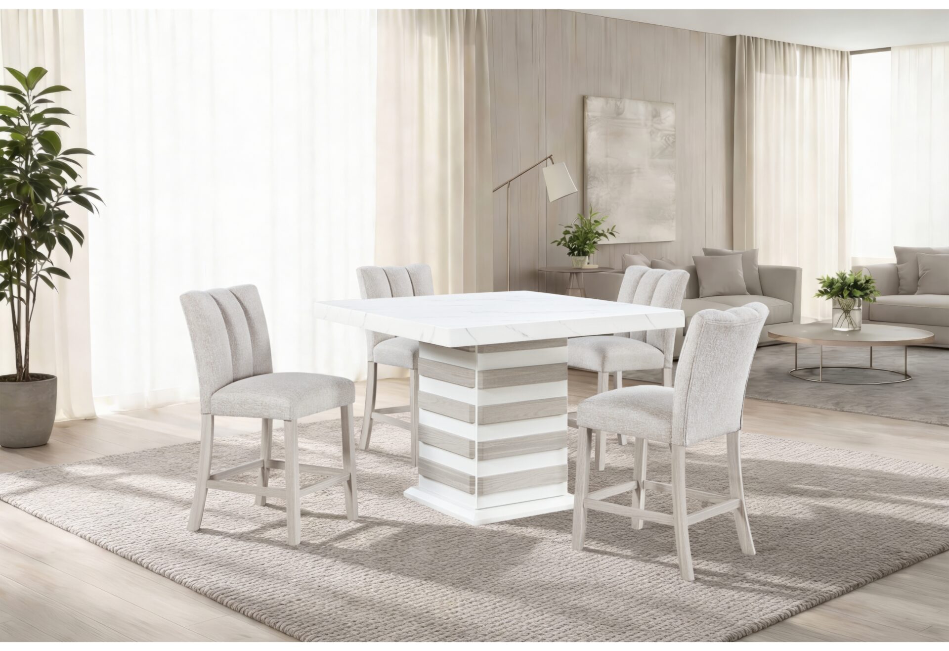  BAR TABLE WITH 4 BAR STOOLS BEIGE